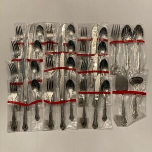 Reed & Barton Stainless Flatware Rose Queen 12 Spoons, Knives, Forks +‎ Serving